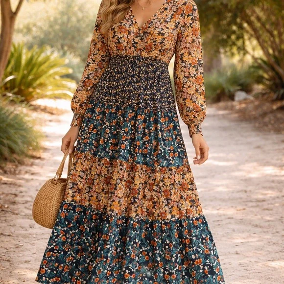 Umgee Floral Long Sleeve Maxi Dress - Orange and Blue - Picture 1 of 8